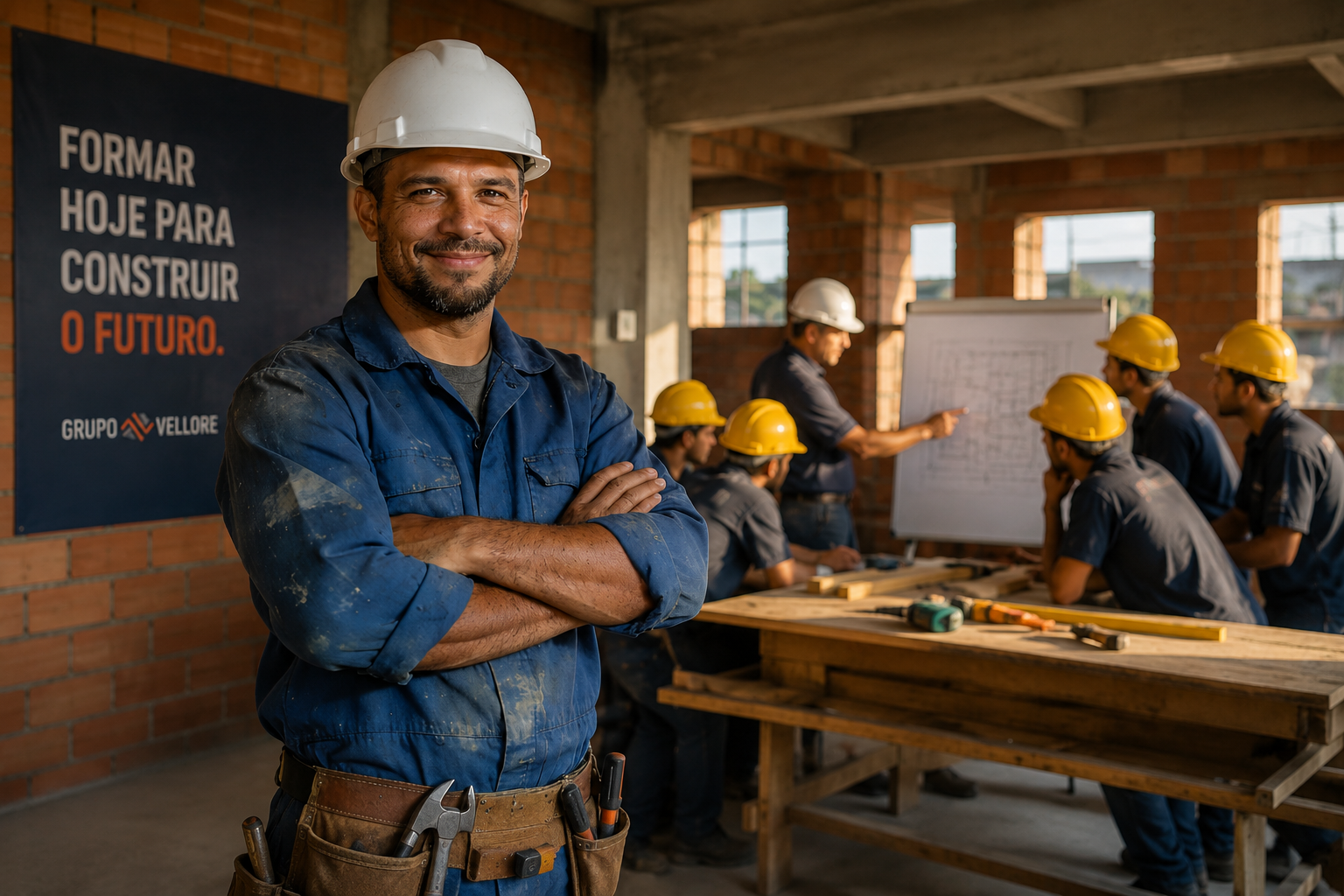 Profissional com capacete ao lado de turma em treinamento de construção civil, com banner do Grupo Vellore