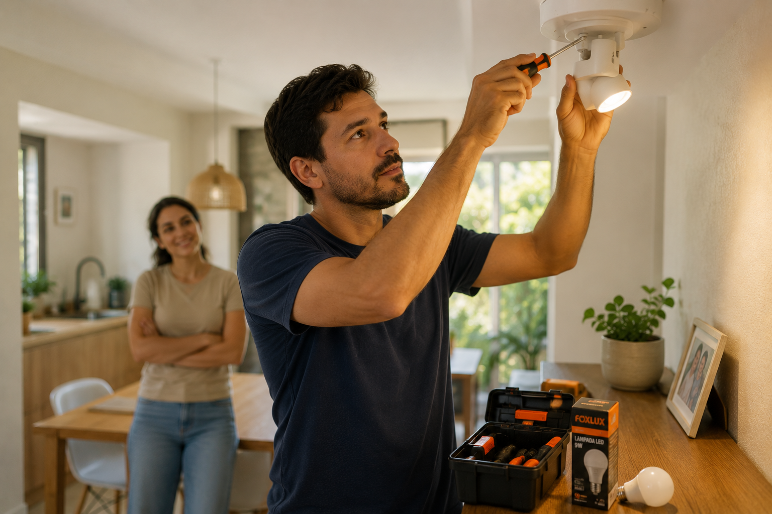 Homem trocando uma lâmpada em casa com chave de fenda, ao lado de maleta de ferramentas e caixa de lâmpada LED Foxlux
